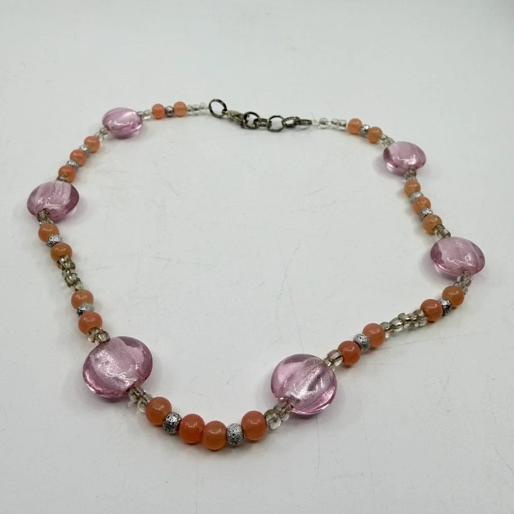 Necklace Pink Foil Glass Bead Peach Coral Silver Tone Boho Artisan Statement